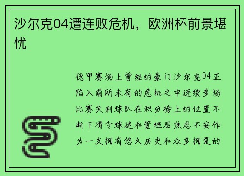 沙尔克04遭连败危机,欧洲杯前景堪忧 沙尔克04遭连败危机,欧洲杯前景堪忧